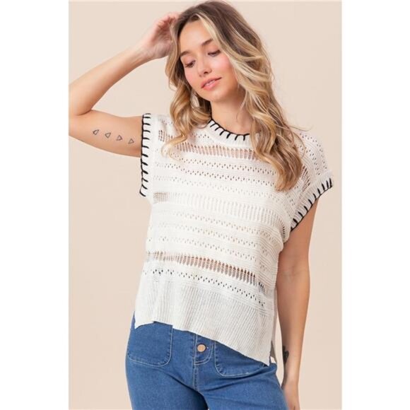 ✨NWT BiBi Stitch Edge Pointelle Side Slit Sweater Vest - Picture 1 of 4
